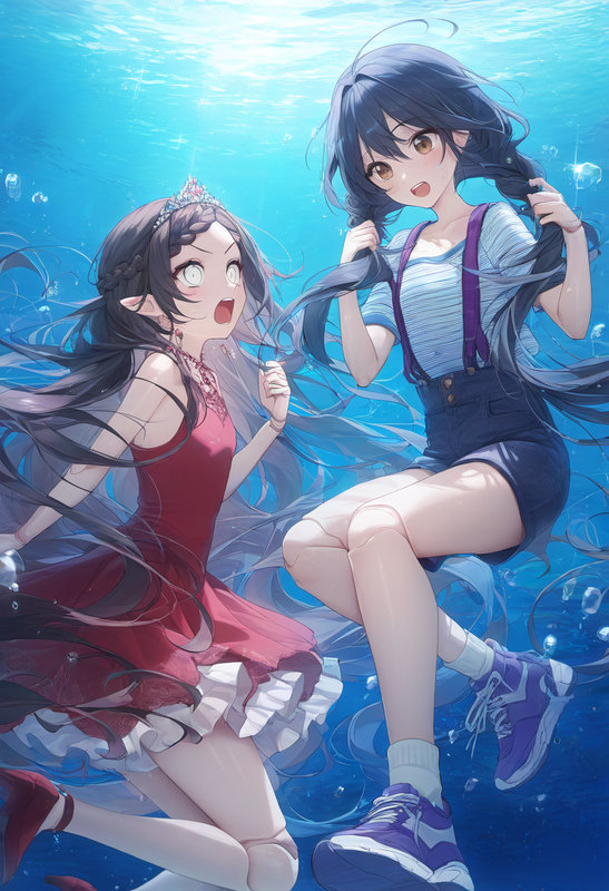 2girls, scenery, brown eyes, braided bangs, black hair, ribs, diadem, red sleeve s-1010448356