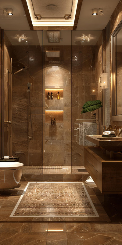 Classic Brown Bathroom Design With A Separate Shower Area