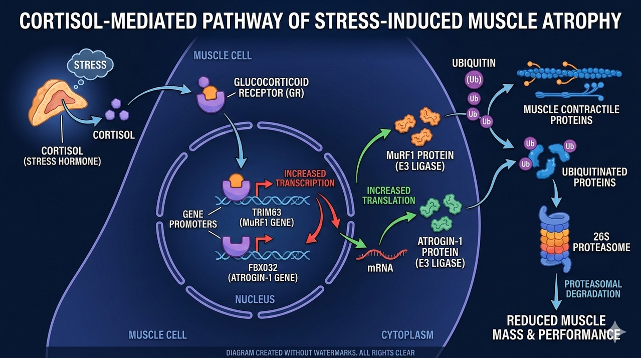 Molecular pathway diagram showing how cortisol activates MuRF1 and atrogin-1 for impact of stress on muscle growth and performance