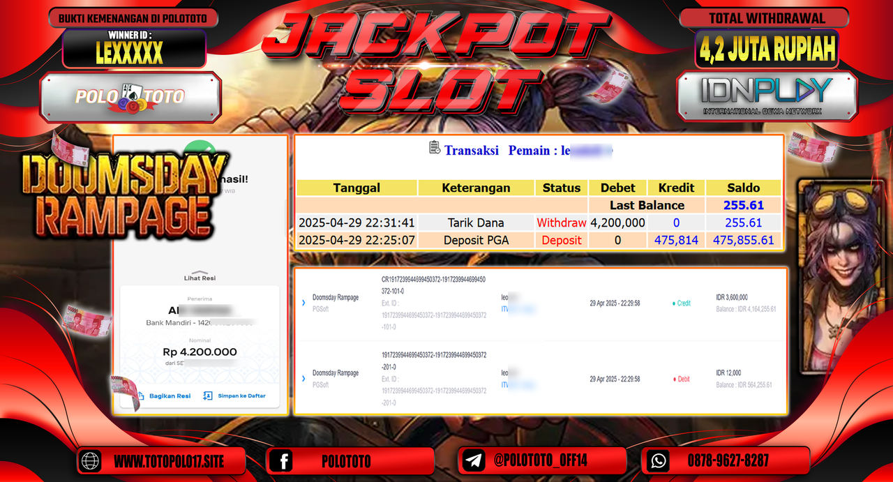 POLOTOTO JACKPOT SLOT DOOMSDAY RAMPAGE  Rp.4.200.000,-