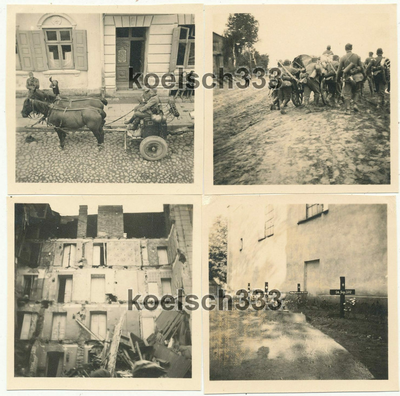 4 Fotos Infanterie Reg. 82 Polenfeldzug 1939 Gefechtswagen Ruinen Landser Gräber