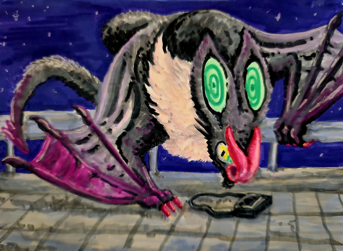 A huge black bat creature perched on the metal railing of the roof. It's halfway climbed down, one wing resting at the roof, investigating an abandoned black shoulder bag. Its got a fluffy pale neck ruff and a pair of big forward facing loudspeaker shaped ears with green centers. Its red v shaped nose is almost touching the bag. 