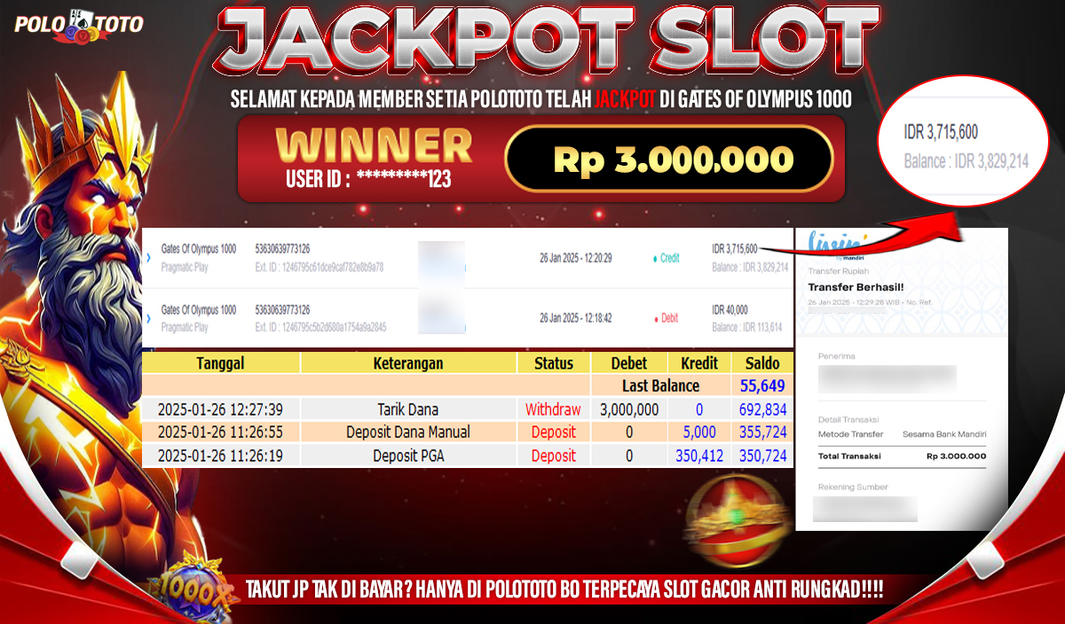 POLOTOTO JACKPOT SLOT GATES OF OLYMPUS 1000 Rp.3,000.000,-