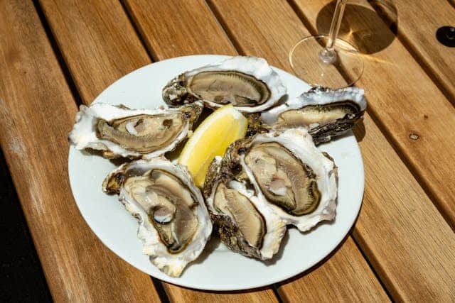 Oysters in a plate with a lemon slice in the center