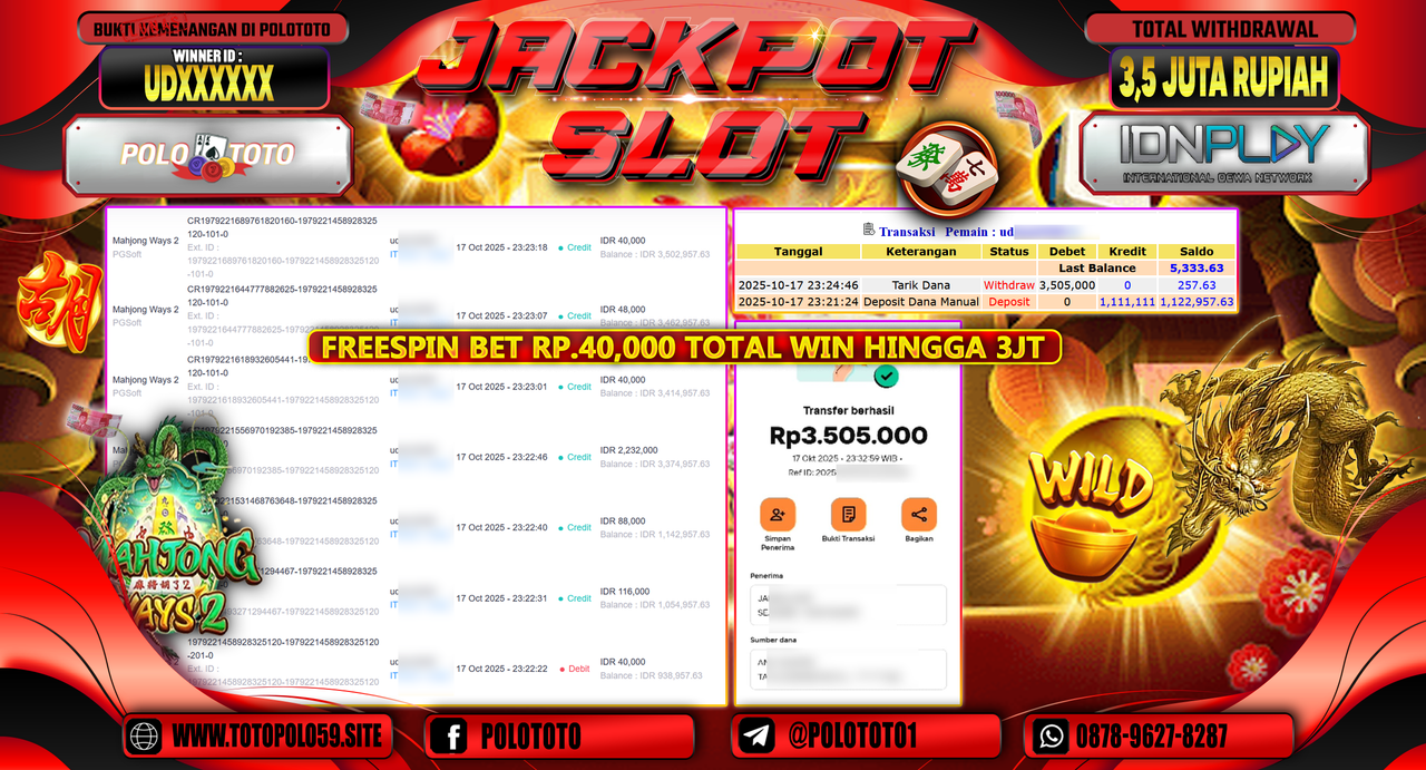 POLOTOTO JACKPOT SLOT MAHJONG WAYS 2 Rp.3.500.000,- LUNAS