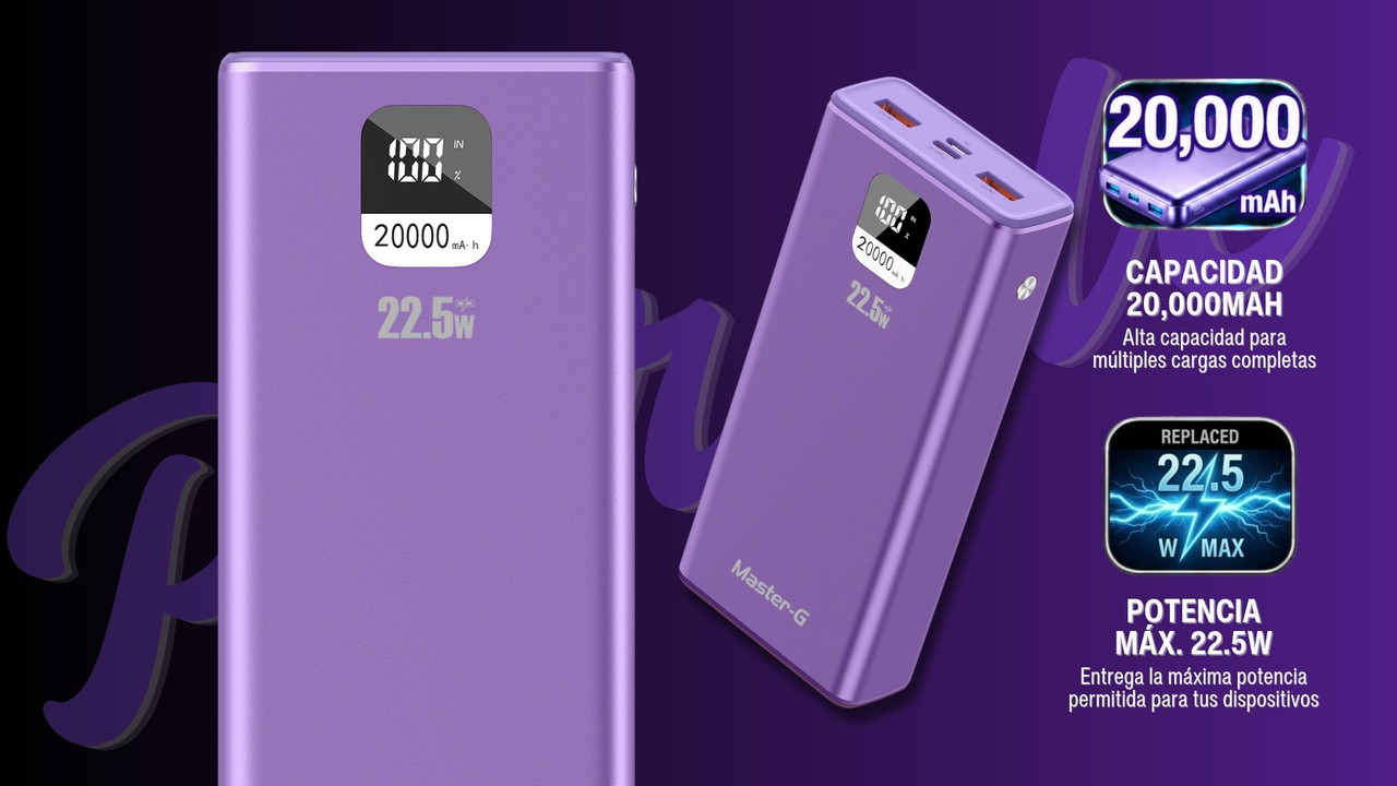 Power Bank Master-G 20000mAh 22.5W Carga Rápida Pantalla LCD Morado UCP20MPD 3