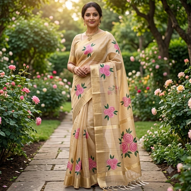 Women's Hand Painted Kota Doria Silk Saree with Unstitched Blouse Piece