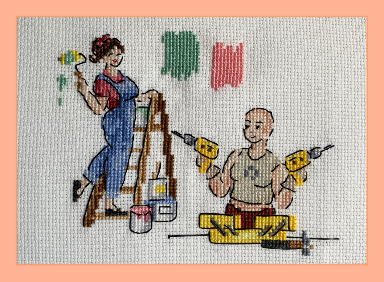Lucius is on a ladder, holding up a paint roller, one foot up behind her. On the wall is a stripe of green and a stripe of pink paint. Pete is in the foreground holding a drill in each hand with a tool box open in front of her, looking ready for action.