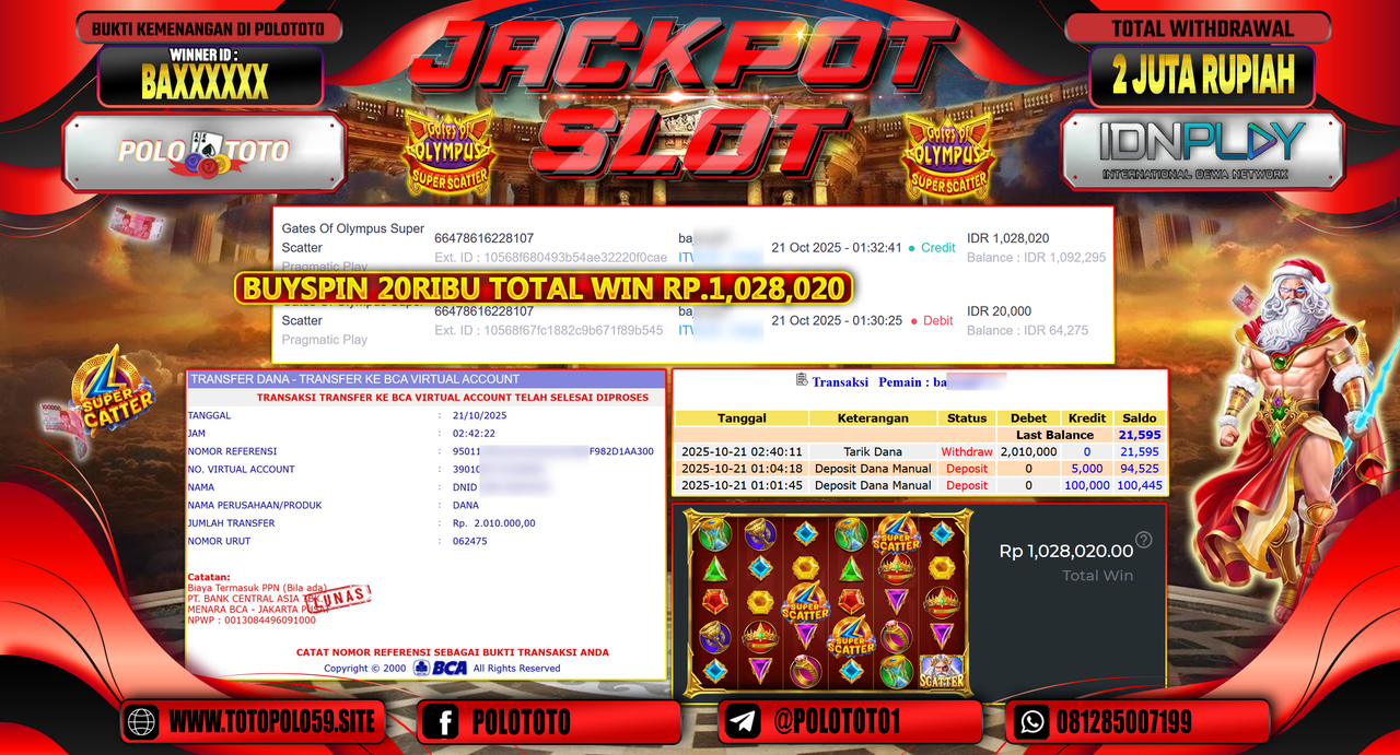 POLOTOTO JACKPOT SLOT GATES OF OLYMPUS SUPER SCATTER Rp.2.010.000,-