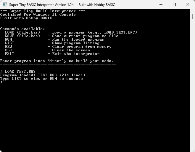 SUPER TINY BASIC INTERPRETER WINDOWS11 CONSOLE 1
