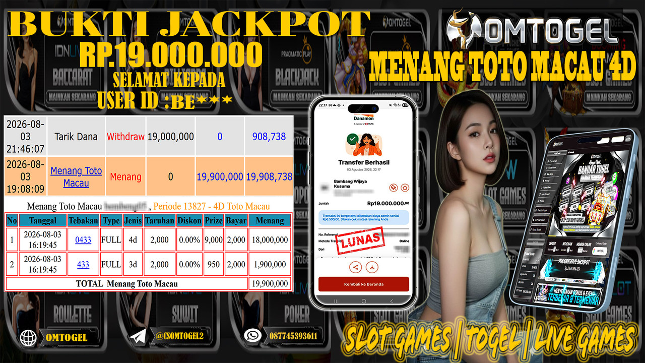 OMTOGEL JACKPOT MENANG TOTO MACAU 4D   Rp,19,000,000,- DIBAYAR LUNAS