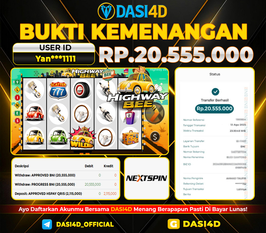 BUKTI KEMENANGAN 13 AGUSTUS 2025 DI HIGHWAY BEE WD 20.555.000