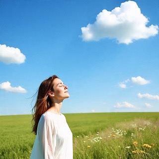 Woman with eyes closed, sitting peacefully in a sunlit field, embodying serenity and gratitude.