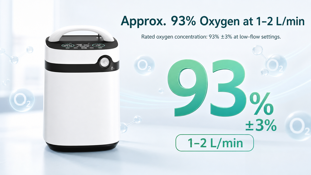 Concentratie de oxigen pana la aproximativ 93 la suta la 2 L pe minut