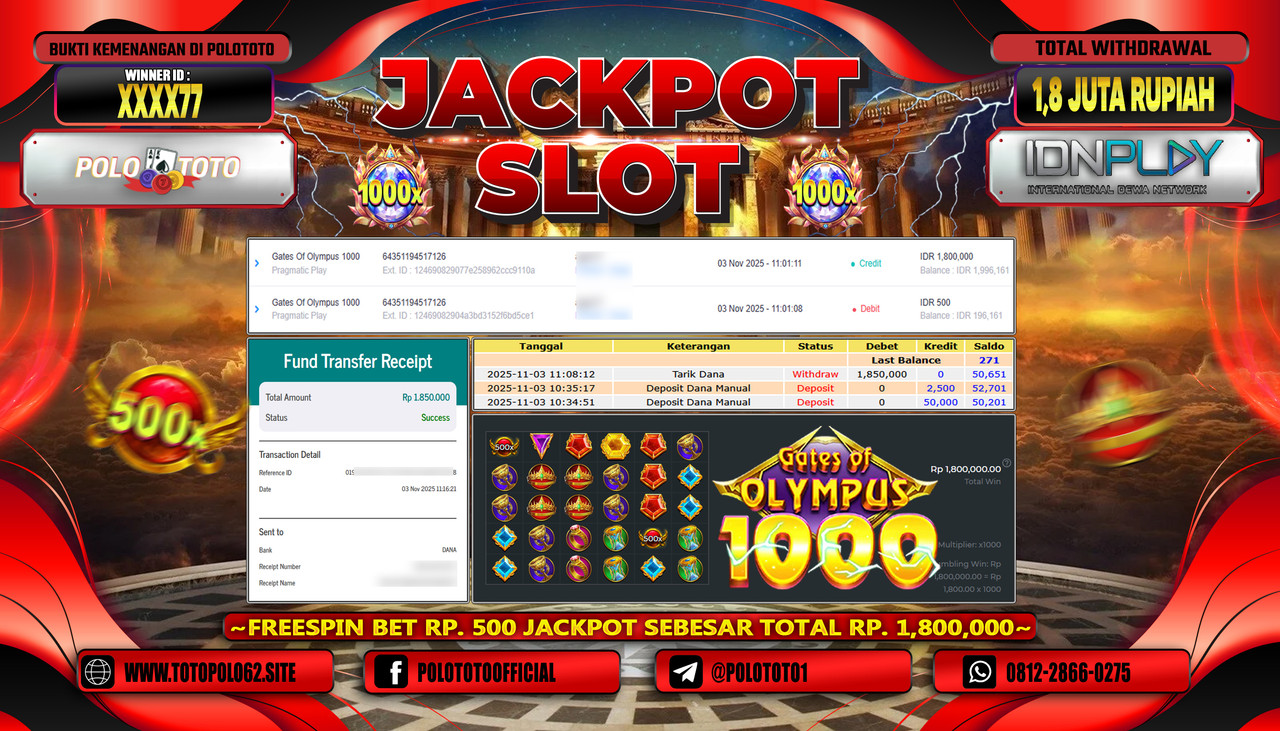 POLOTOTO JACKPOT SLOT GATES OF OLYMPUS 1000 Rp.1.800.000,- LUNAS