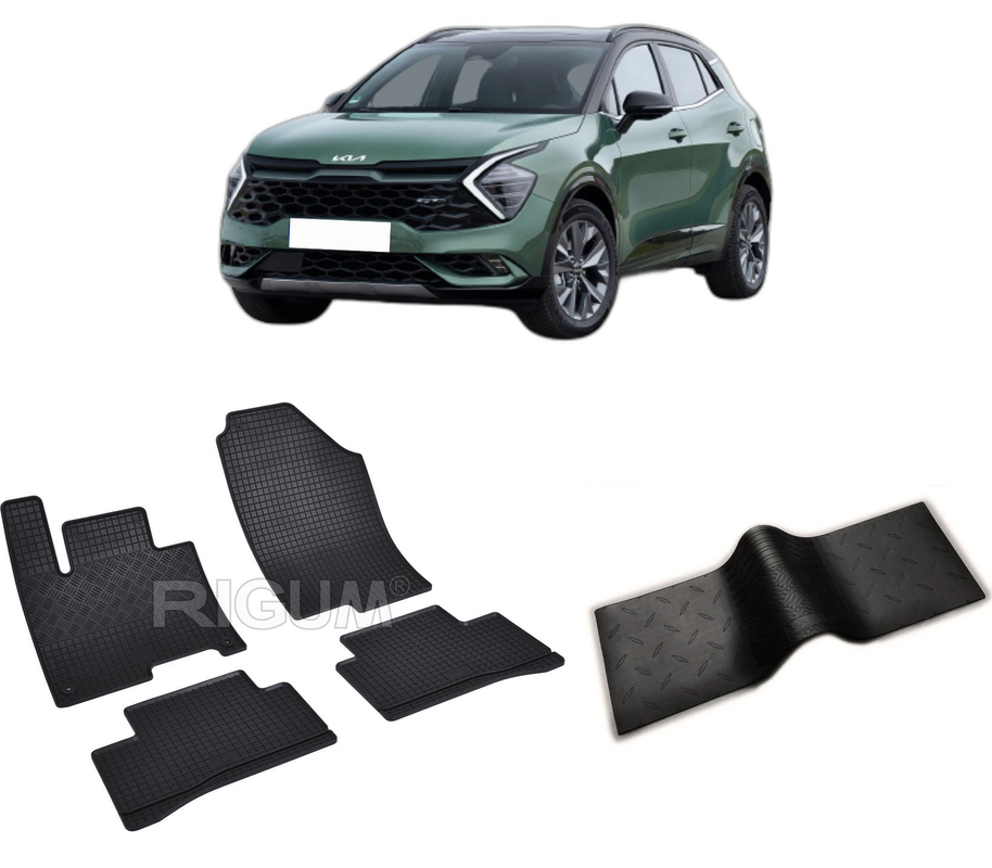 Set covorase auto KIA SPORTAGE MHEV din 2022-PREZENT, cu covoras tunel median, CAROSERIE SUV, Presuri cauciuc 100%, compatibil cu autoturismul KIA SPORTAGE MHEV, Rigum