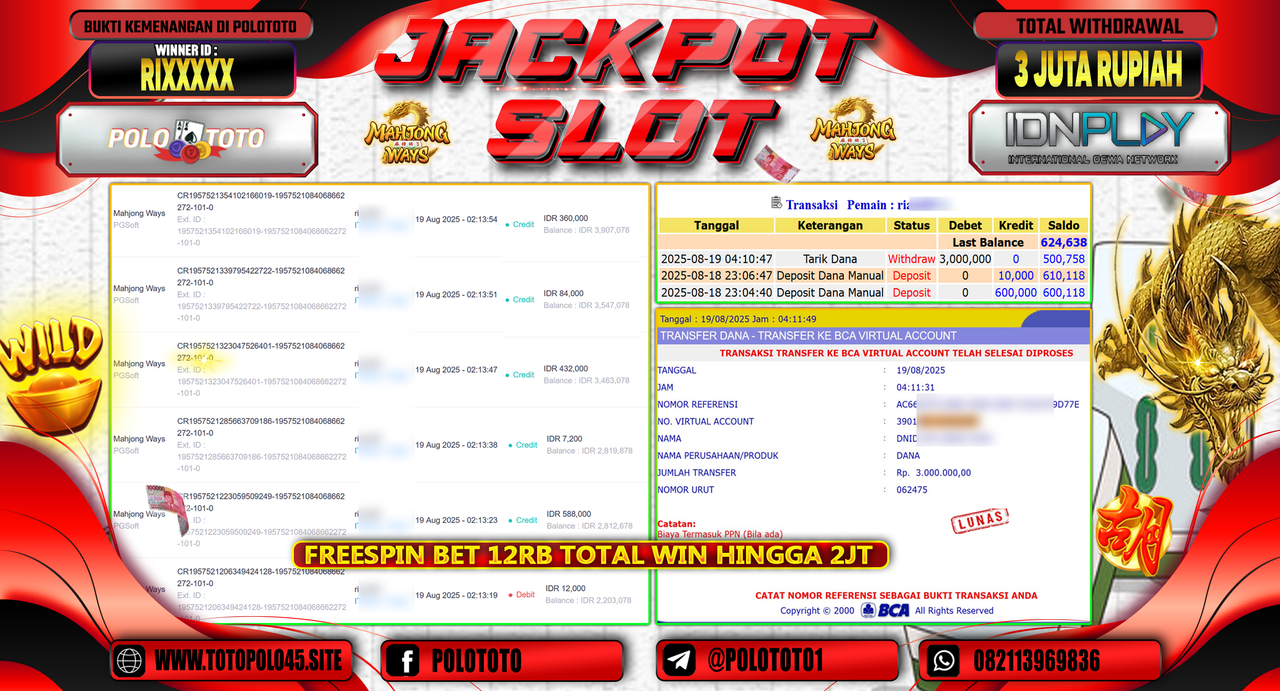 POLOTOTO JACKPOT SLOT MAHJONG WAYS Rp.3.000.000,-
