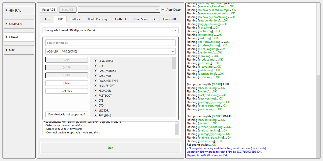 VOG L29 10 0 0 C185 Downgrade For FRP Bypass By EFT Pro AOD EF successful