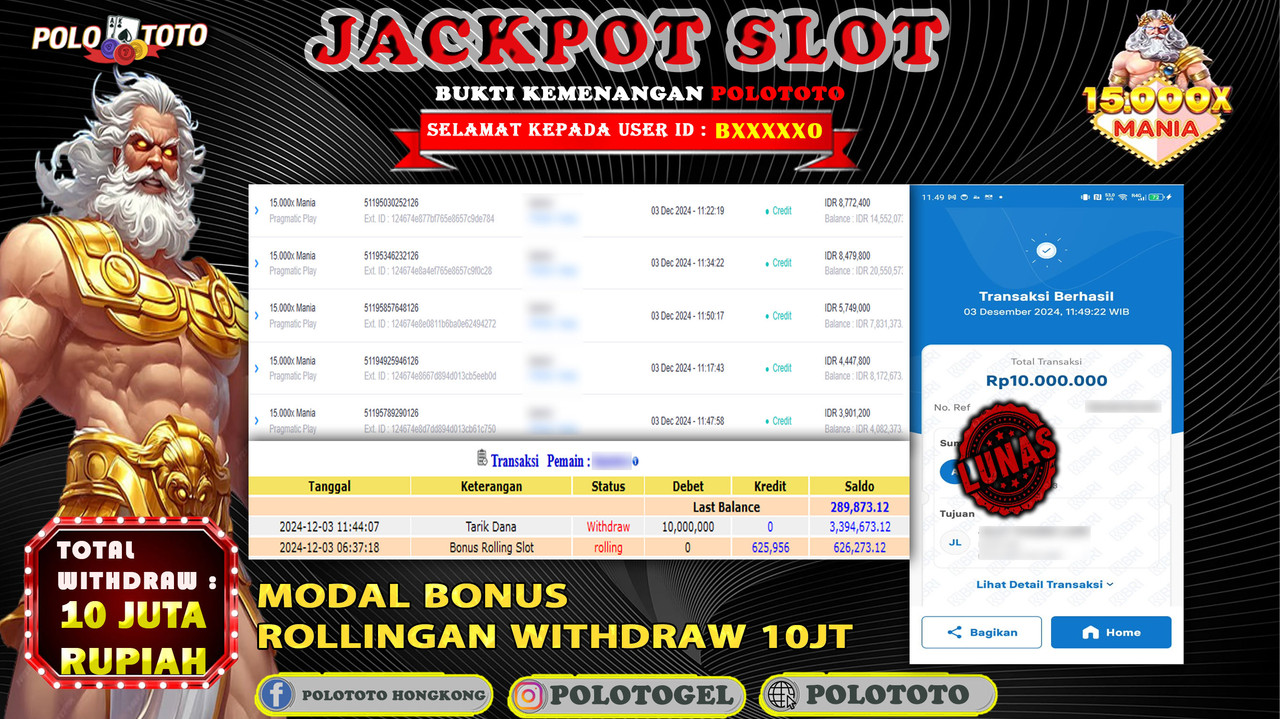 POLOTOTO JACKPOT SLOT 15.000X MANIA Rp.10,000.000,-