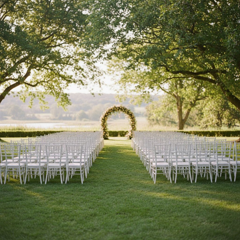 Ряды белых складных стульев на зеленом газоне для выездной регистрации, демонстрирующие удобство аренды мебели для мероприятий на открытом воздухе.