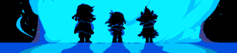 deltarune title screen of kris, susie, and ralsei staring up at a blue fountain