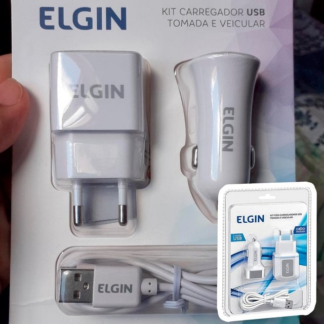 Kit Carregador USB de Tomada Bivolt, Carregador Veicular 1 Saída 1A, 5W e Cabo MicroUSB de 1 Metro, Elgin, 46RCK1USB00M