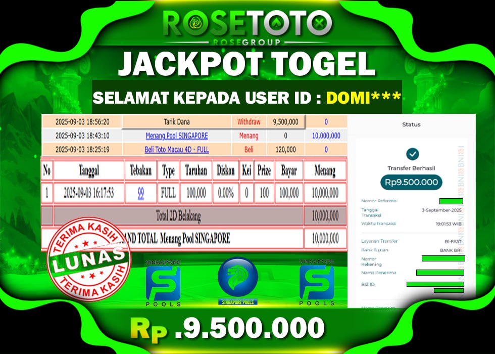 ROSETOTO JACKPOT TOGEL SINGAPORE Rp.9.500.000.,- LUNAS