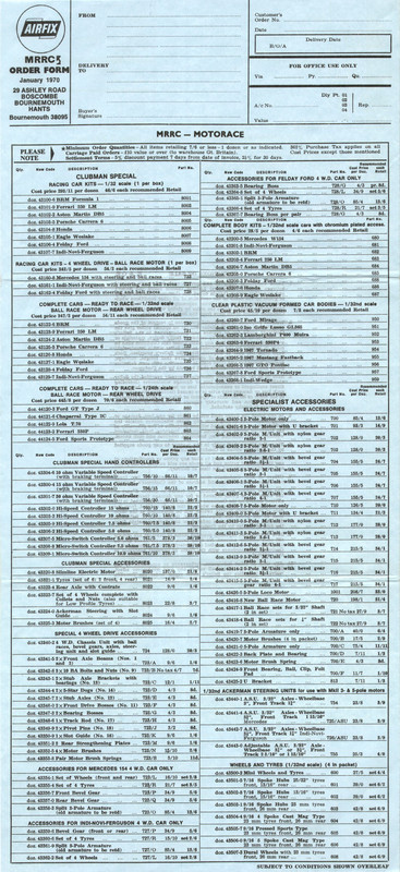Airfix Order Form January 1970 MRRC Cars 1