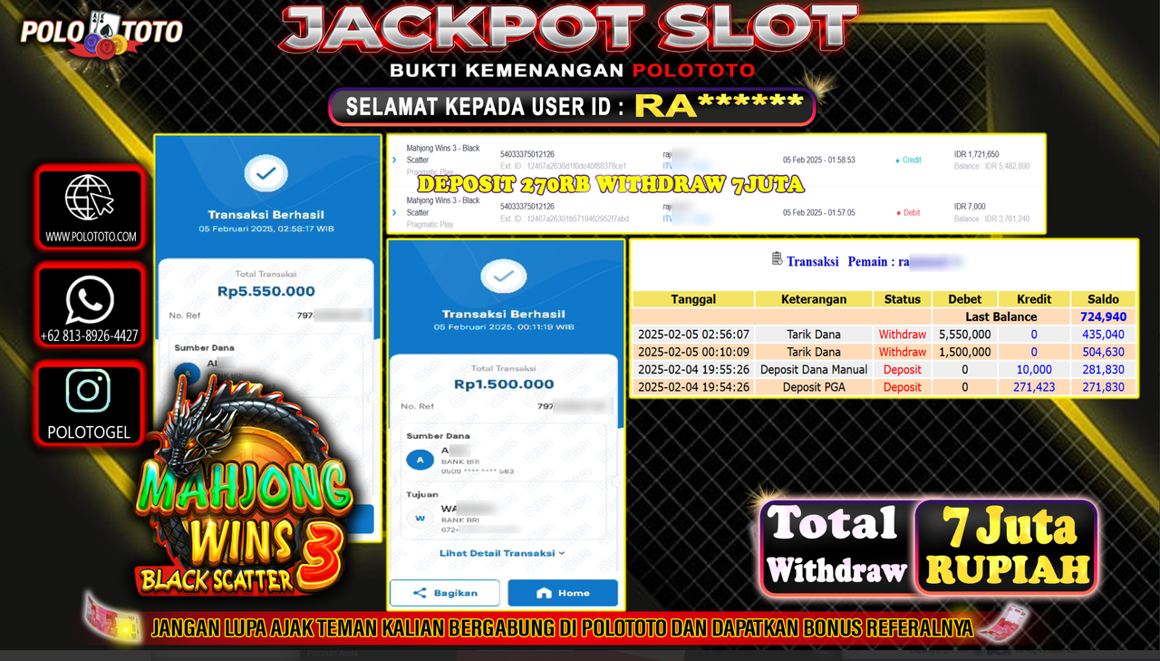 POLOTOTO JACKPOT SLOT MAHJONG WINS BLACK SCATTER 3 Rp7,050.000,-
