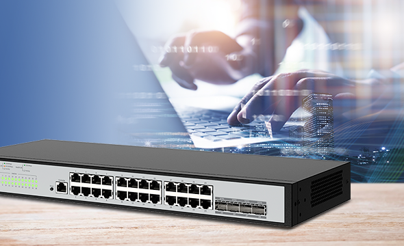 Diagrama de trabalho em redes híbridas com portas Gigabit e SFP+ no Switch Intelbras.