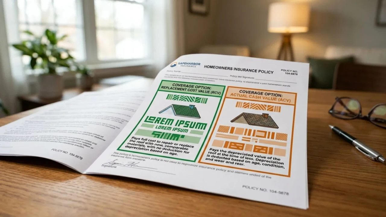 Homeowners insurance policy document showing RCV versus ACV roof coverage terms