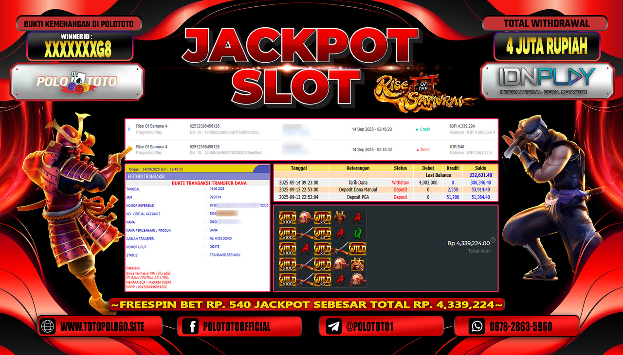 POLOTOTO JACKPOT SLOT RISE OF SAMURAI 4 Rp.4.000.000,-LUNAS