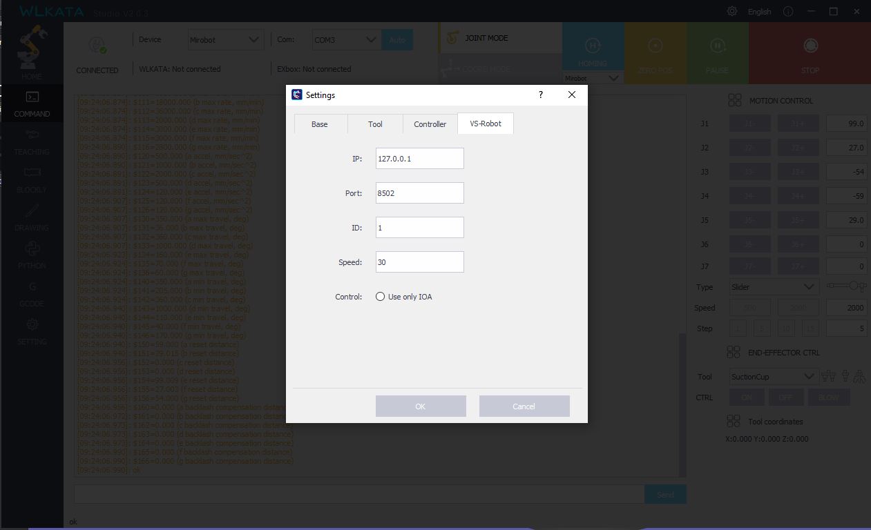 Wlkata Studio VS-Robot IP and Port