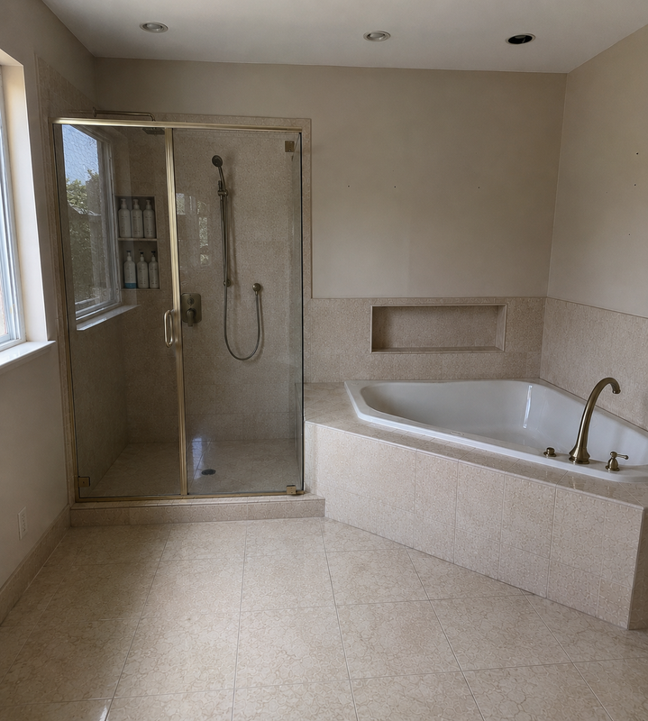Primary bathroom before, shower side