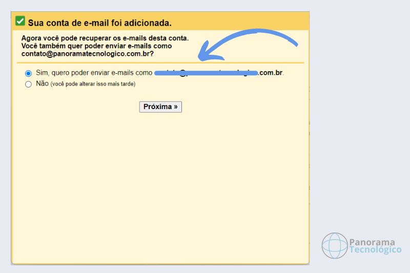 Tela de configuração para adicionar outro endereço de e-mail no Gmail exibindo a confirmação de conta adicionada