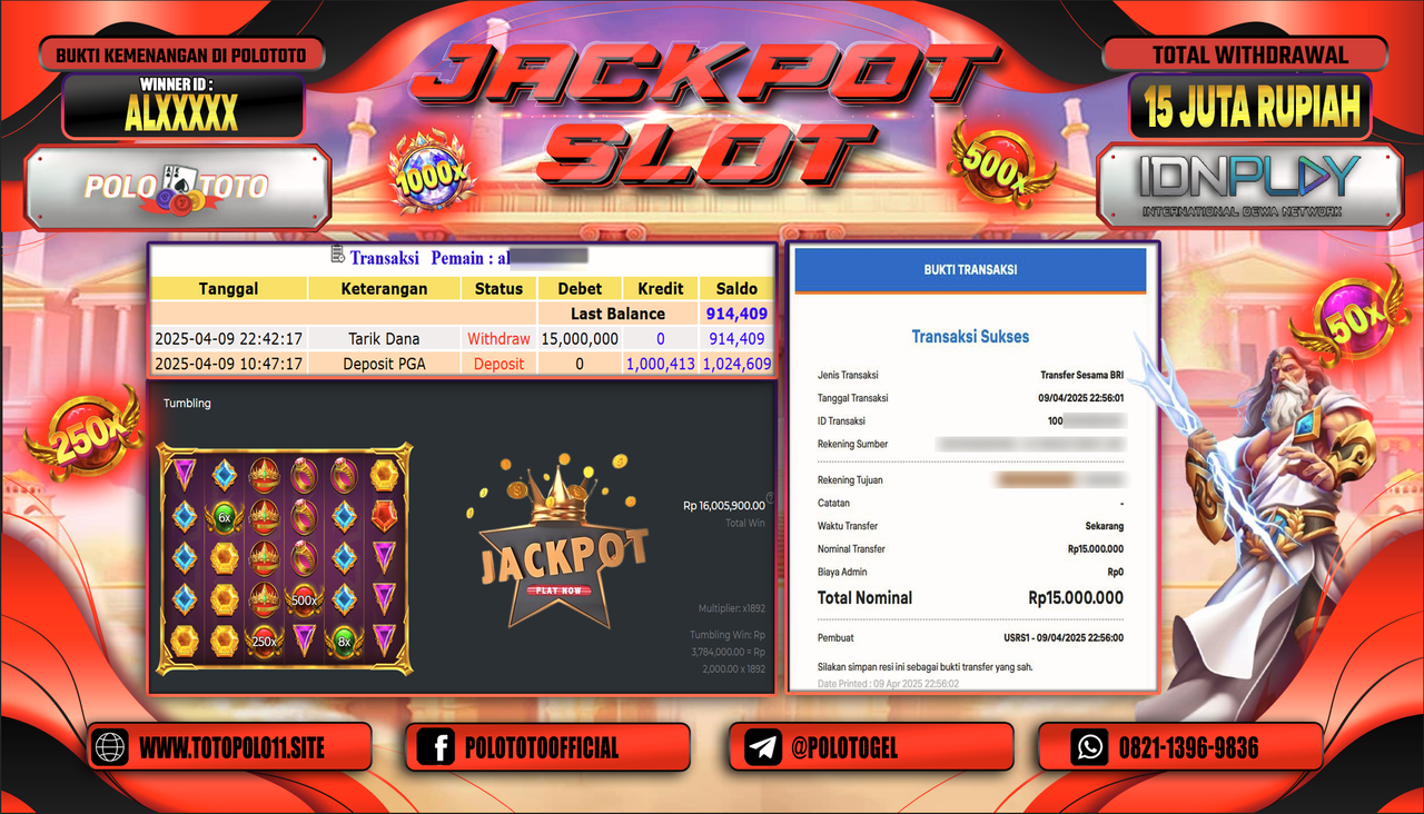 POLOTOTO JACKPOT SLOT GATES OF OLYMPUS 1000  Rp.15.000.000,- LUNAS