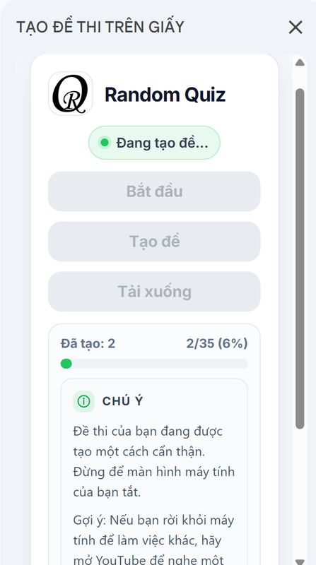 Giao diện tạo bài thi online trong Random Quiz