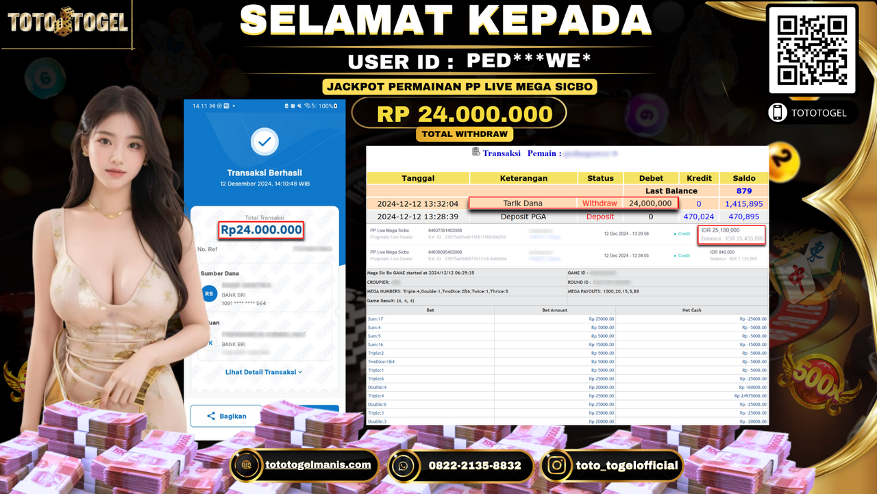 Bukti Pembayaran Jackpot Permainan PP Live Mega Sicbo ID: PED***WE* LUNAS