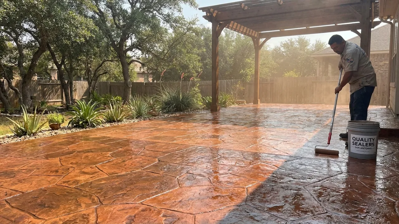 Stamped and sealed concrete patio in San Antonio TX showing rich pattern and color finish protected from sun fade by a quality sealer