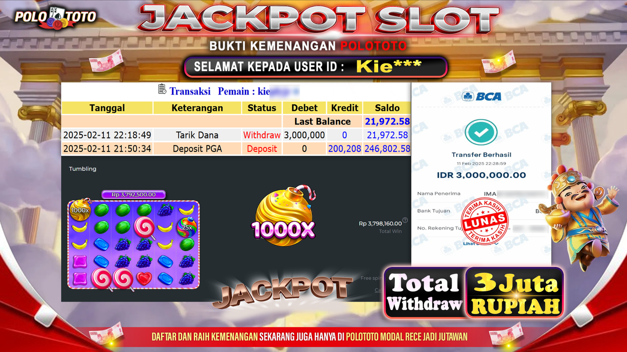 POLOTOTO JACKPOT SLOT SWEET BONANZA 1000 Rp.3.000.000,-