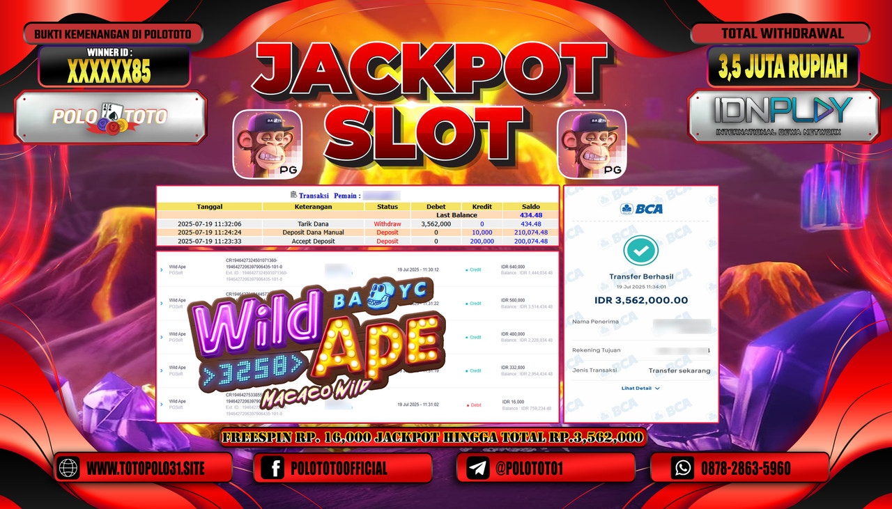 POLOTOTO JACKPOT SLOT WILD APE Rp.3.562.000,- LUNAS