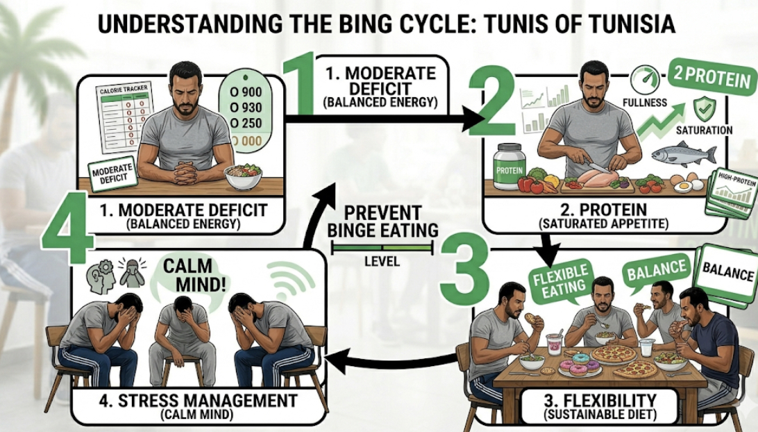 Infographic showing strategies to prevent binge eating: moderate deficit, protein, flexibility, stress management, representing prevent binge eating weight loss
