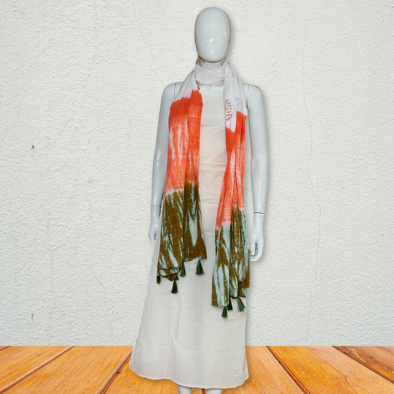 Handcrafted Orange Green Hand Block Printed and Tie & Dye MulMul Cotton Dupatta