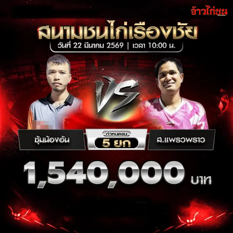 ซุ้มน้องอ้น vs ส.แพรวพราว โปรแกรมไก่ชน สนามชนไก่เรืองชัย