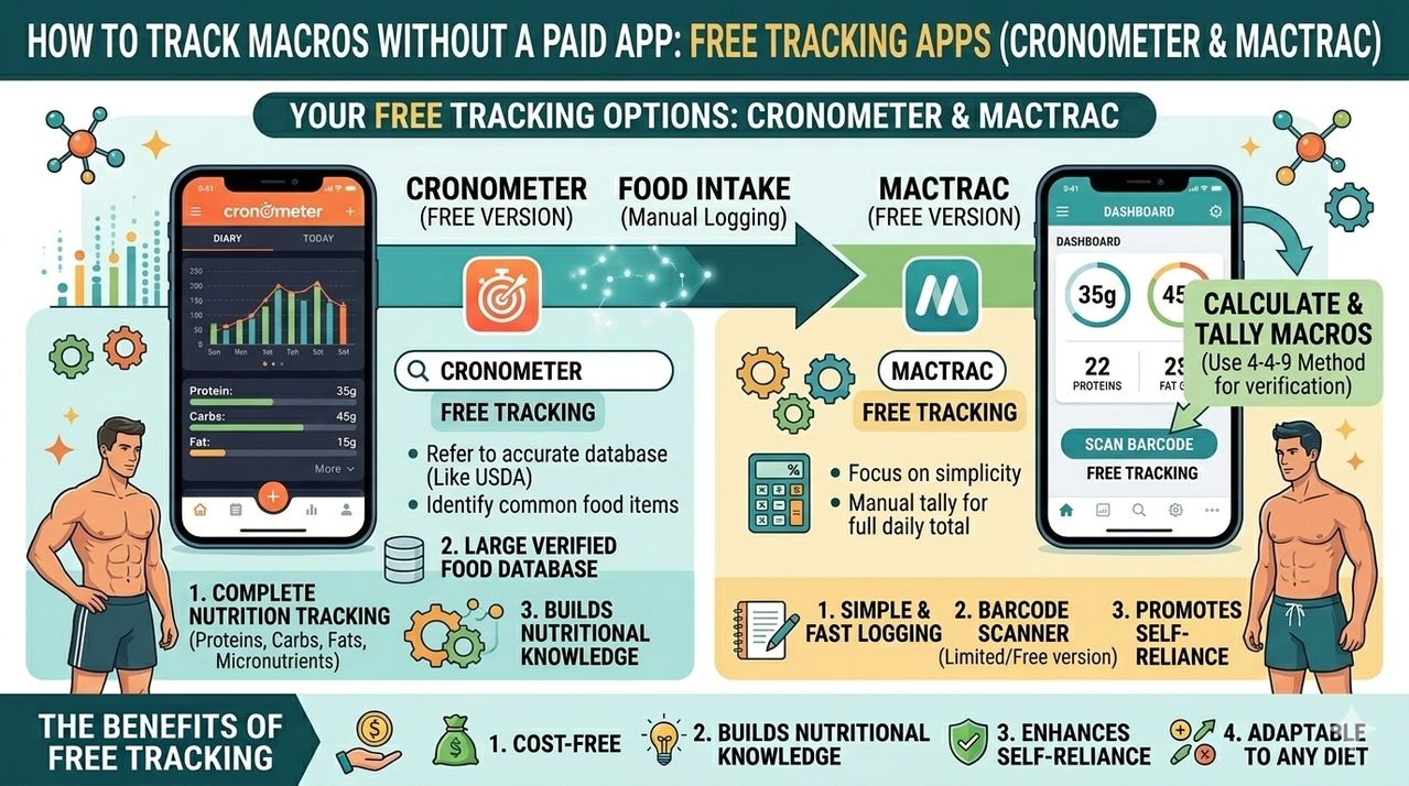Smartphone screen showing free macro tracking apps including Cronometer and MyFitnessPal interface for how to track macros without using a paid app