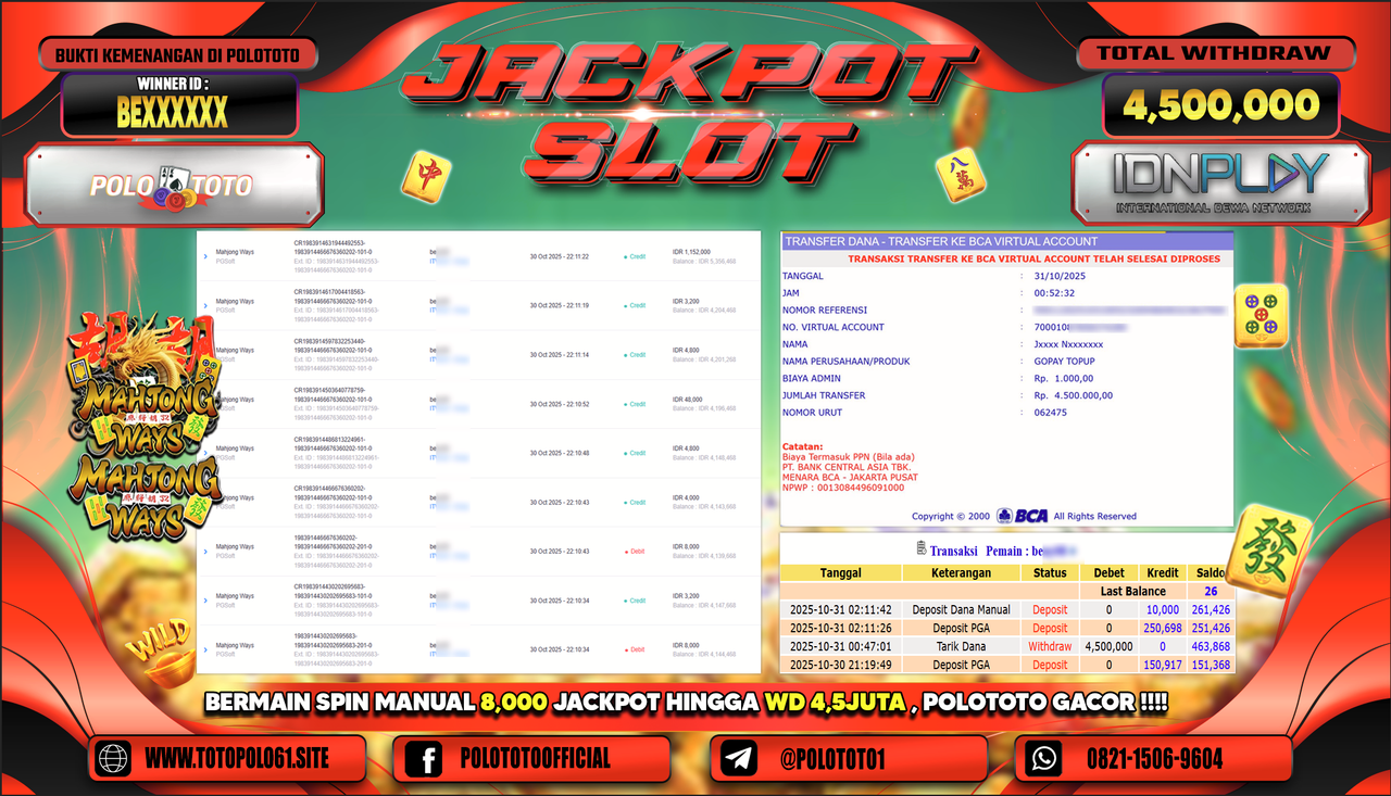 POLOTOTO JACKPOT SLOT MAHJONG WAYS Rp.4.500.000,- LUNAS