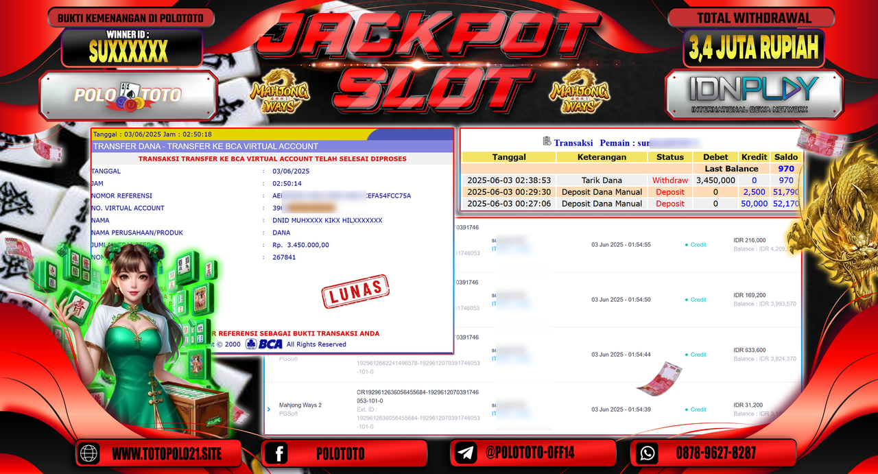 POLOTOTO JACKPOT SLOT MAHJONG WAYS 2 Rp.3.450.000,-