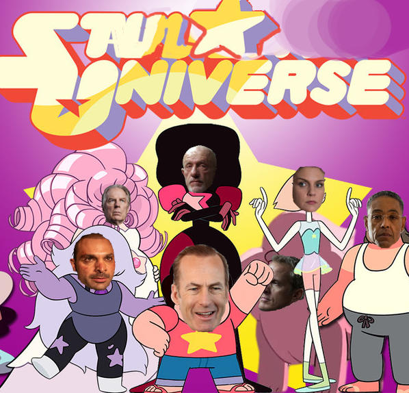 An illustration of characters from Steven Universe with the faces of the actors from Better Call Saul poorly pasted over their heads. The Steven Universe logo has been crudely painted to read SAUL UNIVERSE