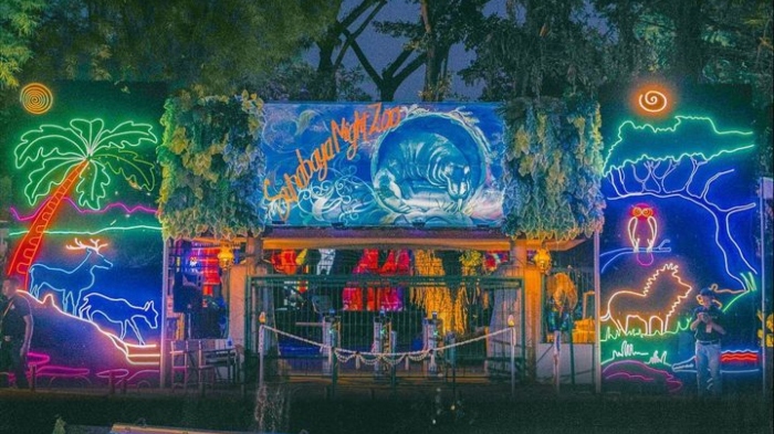 Instalasi cahaya estetis di Surabaya Night Zoo.