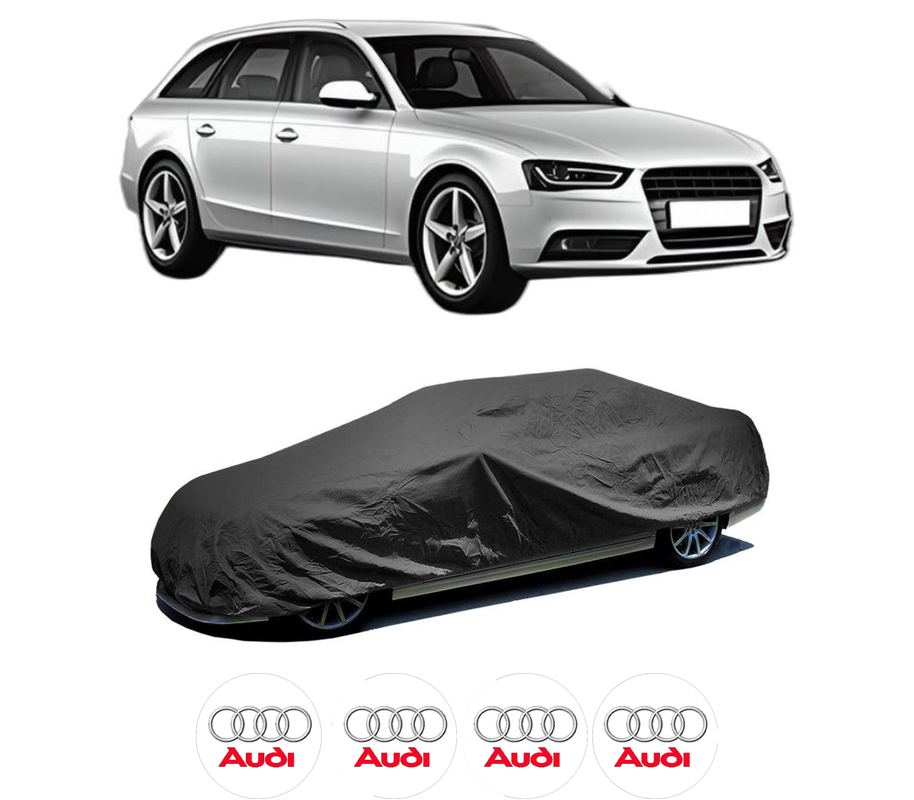 Husa tip prelata auto pentru AUDI A4 B8 Avant (8K5) din 2007-2015, Culoare Negru, material textil impermeabil, rezistanta la intemperii praf UV, CARPASSION Husa Protectie, 4 Stickere auto cu AUDI
